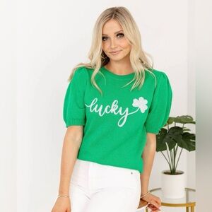 St. Patricks Day Puff Sleeve Sweater Sequined Size 3X Irish Lucky Green